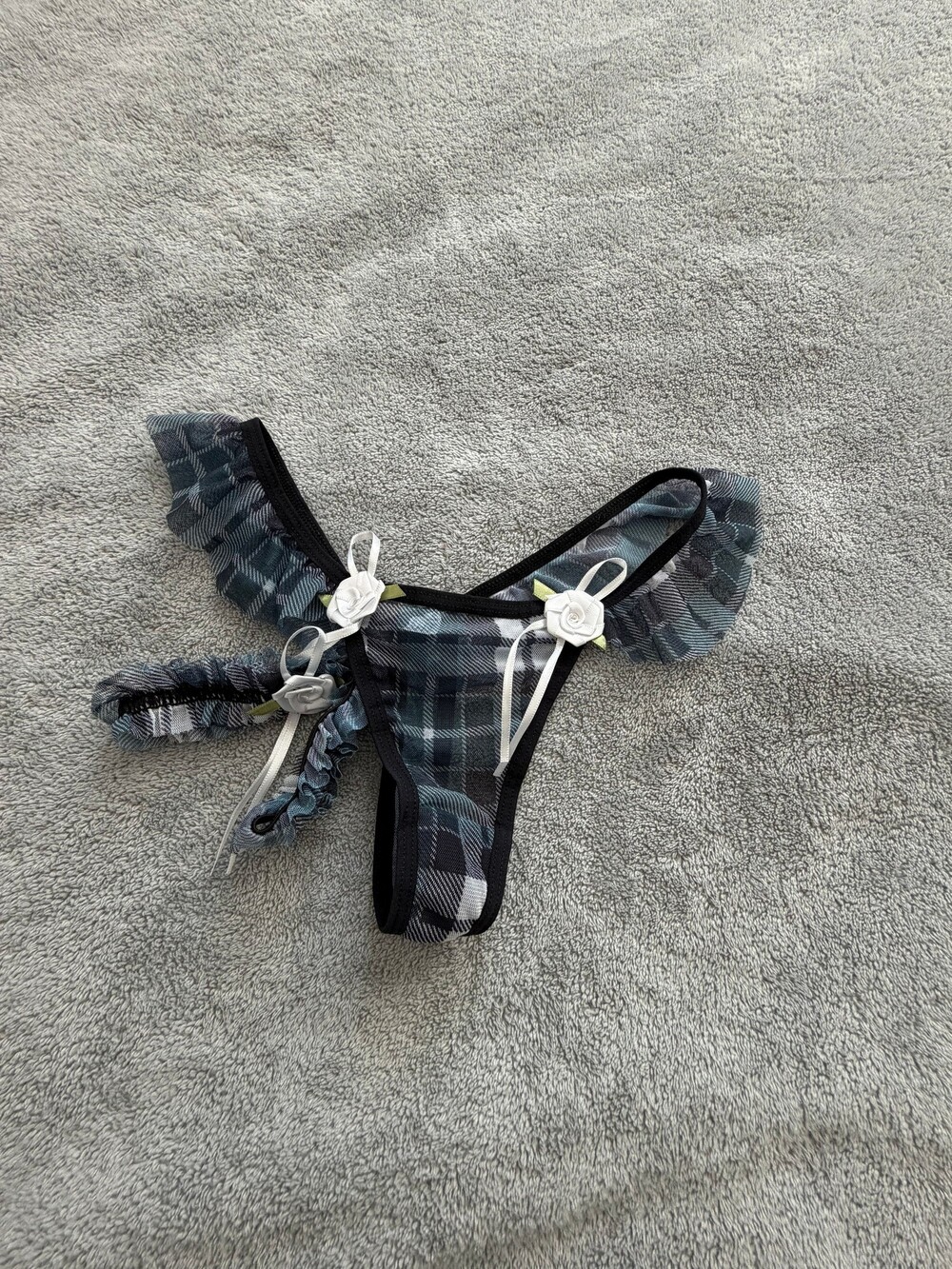 Plaid Lingerie Thong with White Rose Embellishments